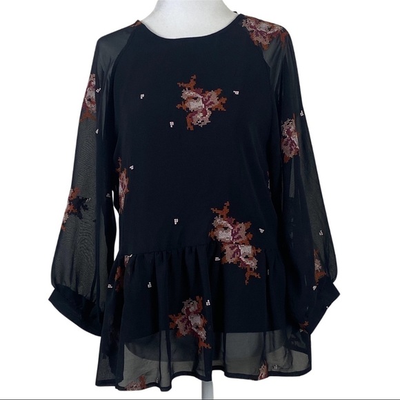 Blue Rain Tops - Blue Rain Floral Embroidered Ballon Sleeve Peplum Top Size Small